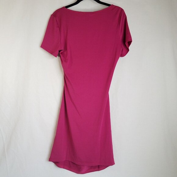 Wrap Look Cross Front Fuchsia Pink Dress MEDIUM Stretch Short Sleeve Ruching - Picture 2 of 10